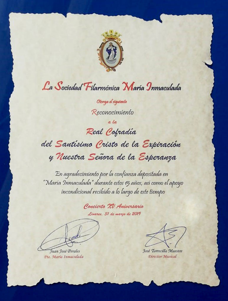 Reconicimiento de la SFL María Inmaculada a la Cofradía de la Expiración.