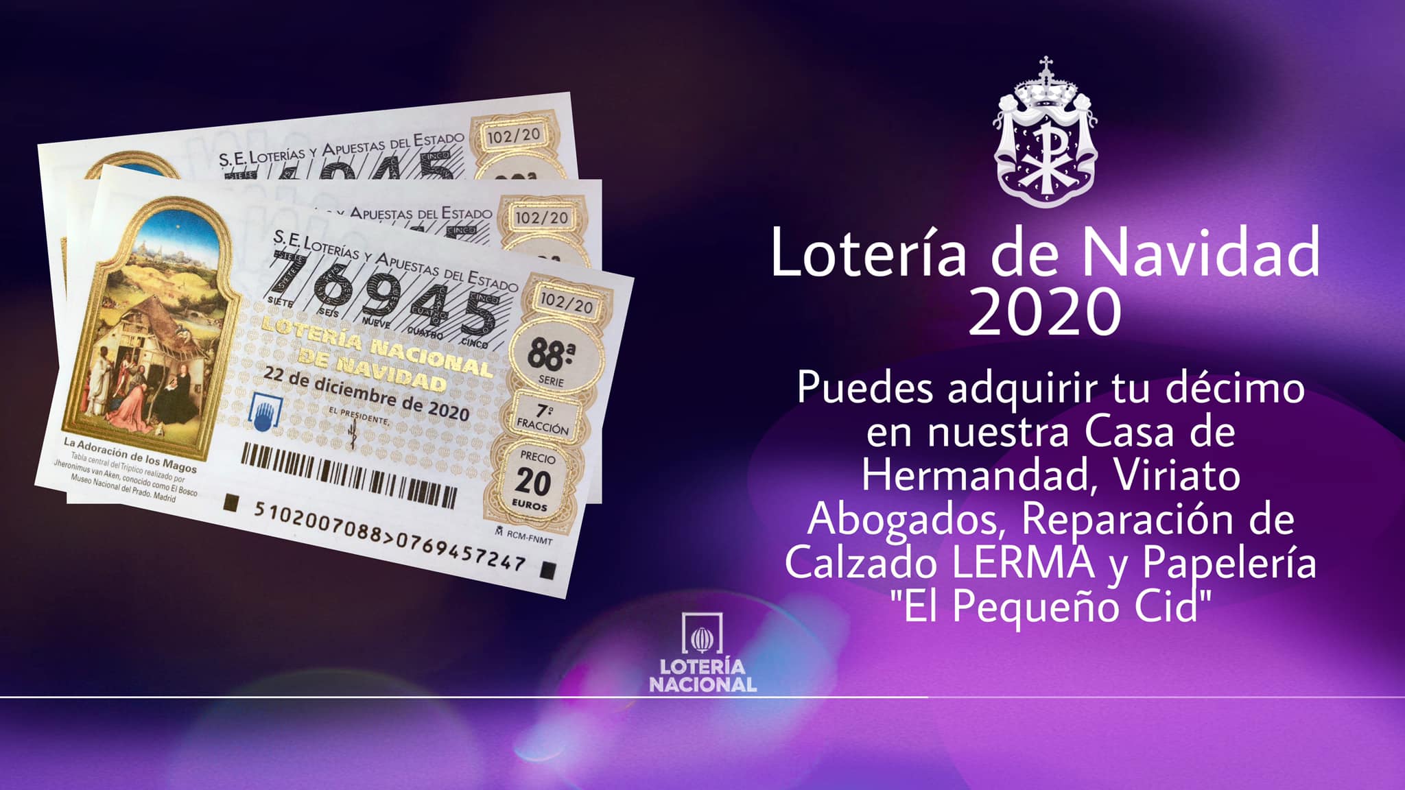 Décimo de lotería 76945, para Navidad 2020.